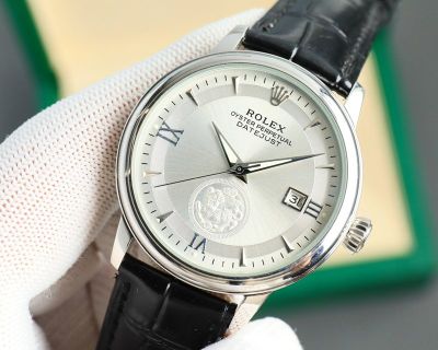 Rolex Datejust Replica with Leather Strap 8215 Movement 40mm 316L Steel Italian Leather Strap Silver/Rose Gold Bezel Watch